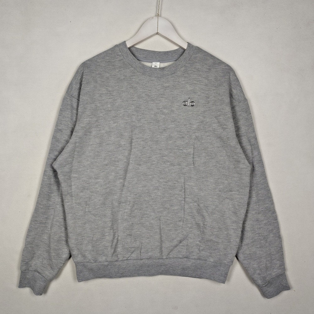 Alo Yoga Grey Crewneck Sweatshirt Chrome Logo Fleece Pullover Size S